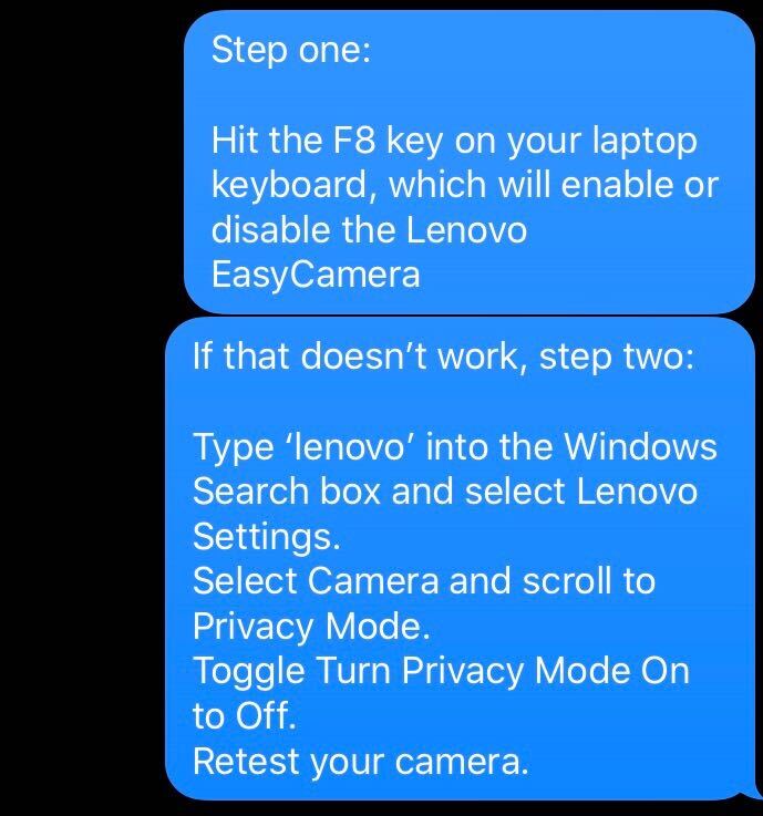 text instructions for Lenovo laptop camera